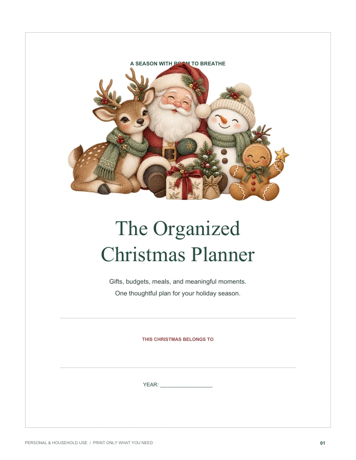 Christmas planner cover featuring Santa, a reindeer, snowman and gingerbread character