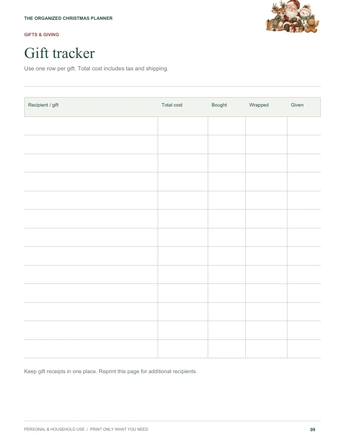 Gift tracker worksheet with spaces for recipients and purchase progress