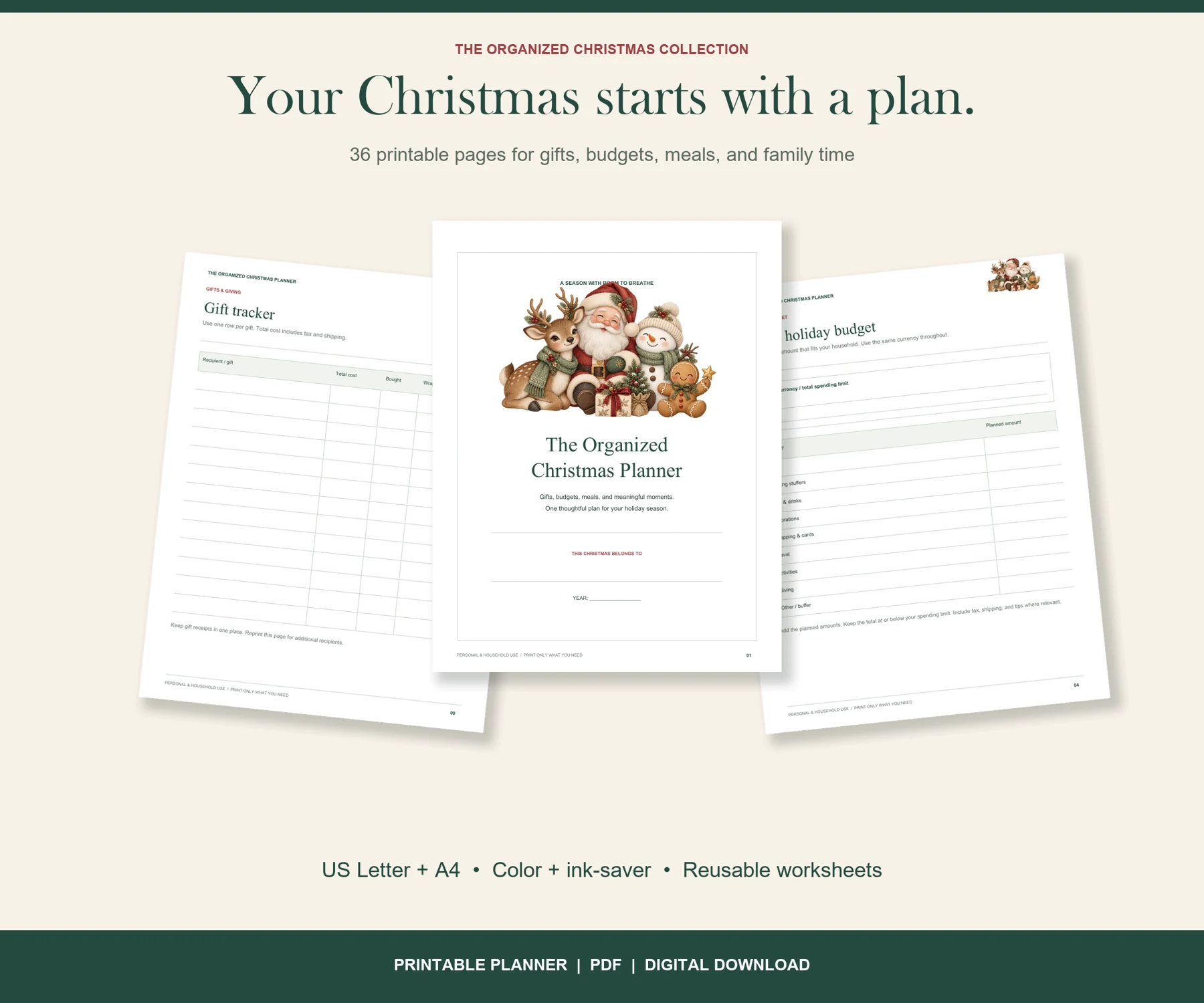 Printable Christmas planner with gift and budget worksheets